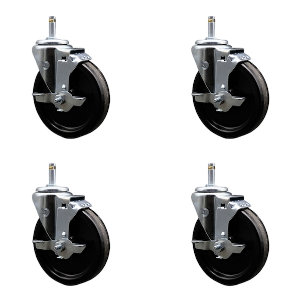 5'' Phenolic Swivel 7/16'' Grip Ring Stem Caster with Total Lock Brake, 4PK